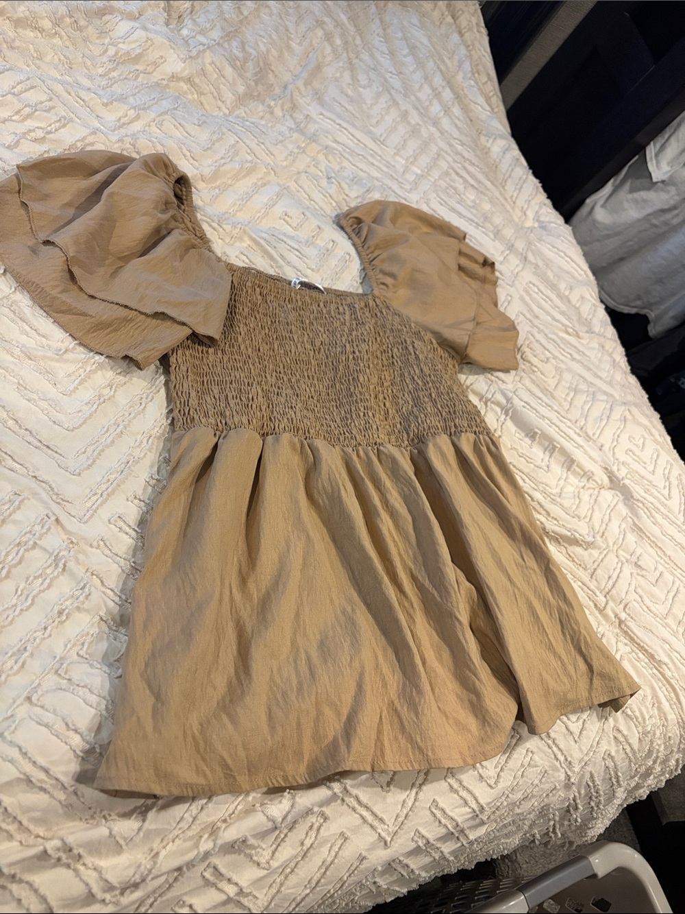 Alala Tan Smocked Puff-Sleeve Tunic Top